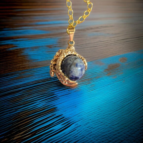 Sodalite stone Dragon Claw Necklace on gold chain~ 20 in. - Picture 3 of 3